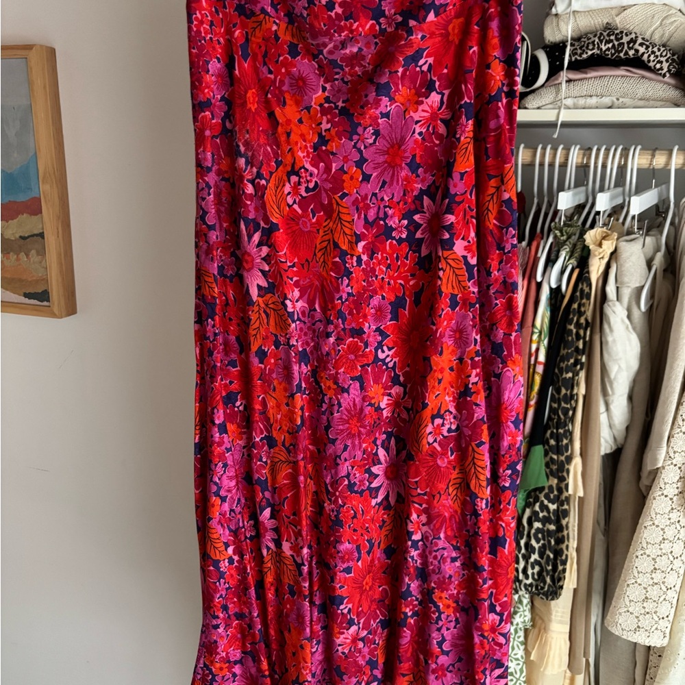 Sezane Pink and Red Maxi A-Line Wrap Skirt